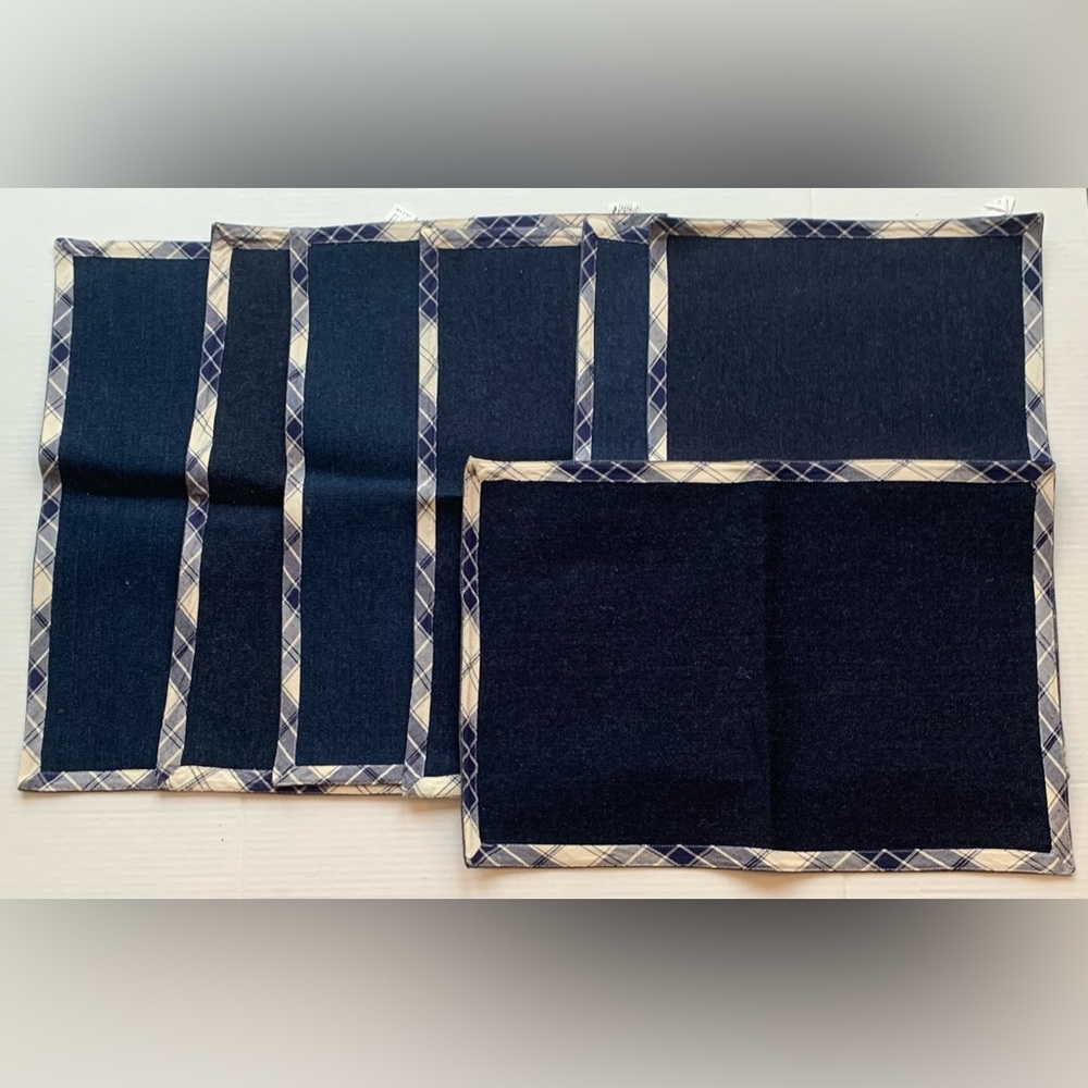 Pier 1 Checkered Trim Denim Blue & Light Tan Farmhouse Modern Placemats Set Of 7